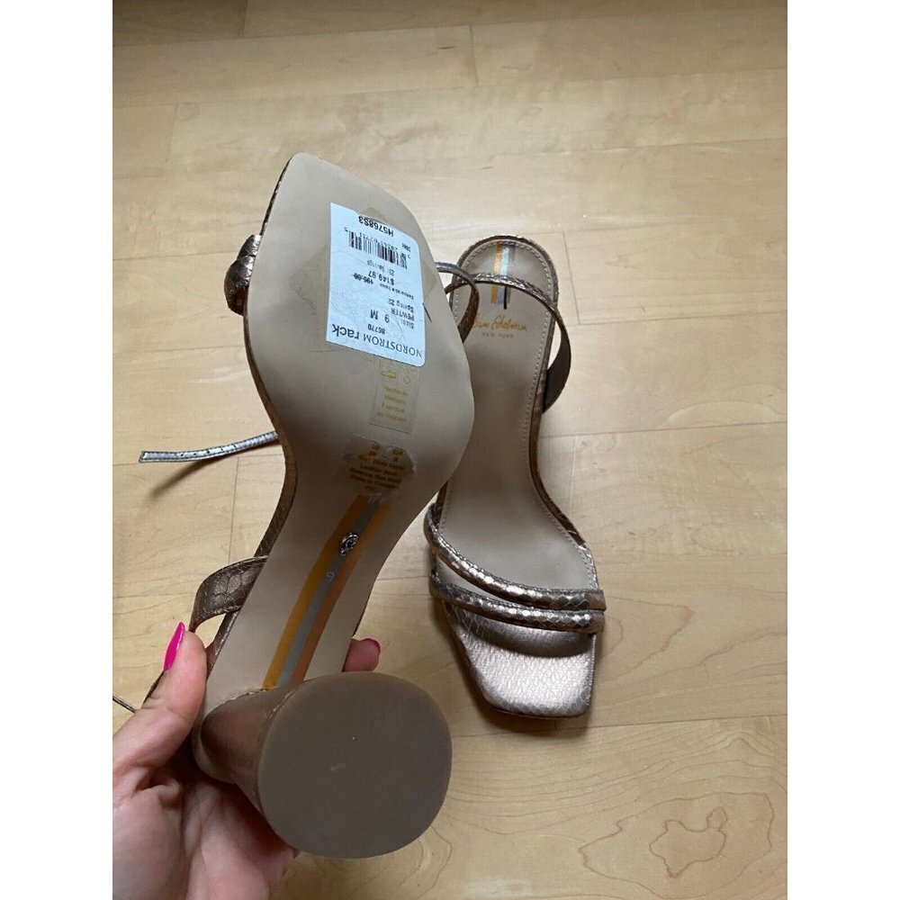 SAM Edelman "Kia" pewter metallic block heel NEW ankle strap flaw on heel - Picture 7 of 9